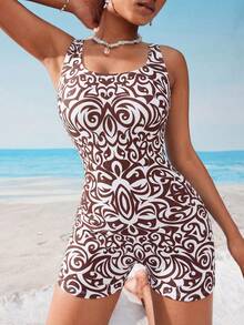 Swim SPRTY Women's Summer Beach Vacation Vacation Allover Print Backless One-Piece Swimsuit With Shorts All White Tropical - Brown - View 5