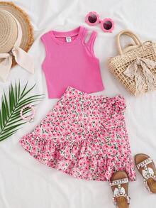Emery Rose Kids Emery Rose Kids Young Girl Knitted Solid Color Round Neck Casual Vest And Ditsy Floral Mini Skirt 2-Piece Set - Coffee Brown - View 3