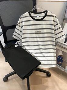2件套 青少年男童休闲舒适百搭条纹印花T恤和纯色短裤套装 - 黑色 - 查看 3