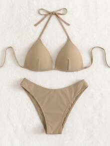 Oceva Solid Color Swimwear Set, Khaki, Women's Bikini For Holiday, Party, Beach, Spring/Summer Sexiest - Khaki - View 6