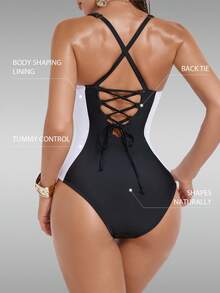 Shapewave Women's Solid Color Backless Lace-Up Spaghetti Strap One-Piece Swimsuit - Black and White - View 2