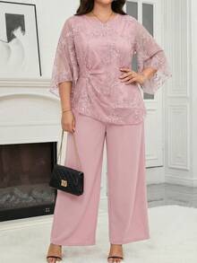 Reflora Plus Size Elegant Solid Color Lace Blouse And Pants 2 Pieces Set - Baby Pink - View 2