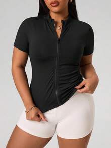 SHEIN Rhythm Era Plus Size Dopamine Pink Raglan Short Sleeve Zip-Up Jacket - Black - View 3