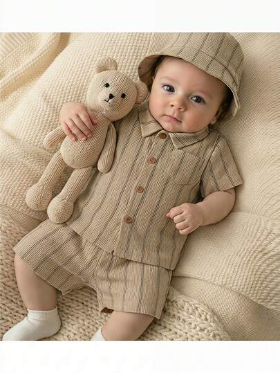 Loomiva Newborn Baby Boy/Girl 3 PiecesSet: Collared Short Sleeve Shirt, Elastic Waist Shorts, And Hat