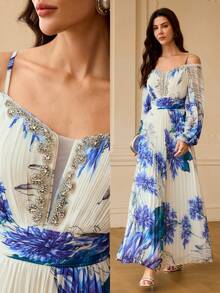 ZEYLAH WOMEN'S FLORAL PRINT COLD SHOULDER LANTERN SLEEVE PLEATED DRESS - Blue and White - View 7