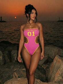 Swim SXY Body con estampado de letras y corte en la cintura para mujer - Blanco y Negro - Ver 6