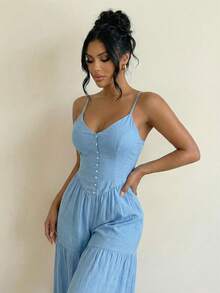 Swim SXY 2026 New Spring/Summer Vacation Style Casual & Elegant Spaghetti Strap Design With Front Button Decor & Waist Cinched Wide Leg Loose Jumpsuit For Women - Blue - View 4