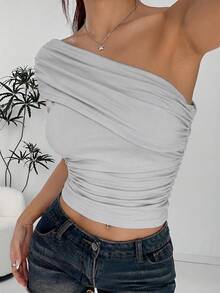 SHEIN EZwear 女士灰色休闲不对称领衬衫上衣，夏季 - 灰色 - 查看 6