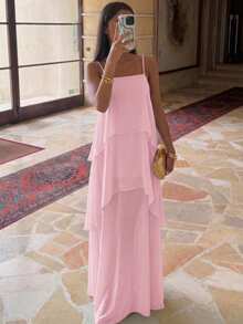 Aloruh Vestido de vacaciones elegante de unicolor con tirantes finos de color azul - Rosa Pálido - Ver 3
