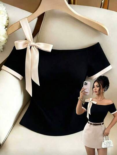 Elenzga Camiseta de punto con hombros descubiertos y mangas cortas con puños de color contrastante, camiseta ajustada con cintura elástica, diseño elegante francés con tirantes de lazo