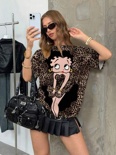 Betty Boop x SHEIN Women's Leopard Print Full-Width Short Sleeve T-Shirt,