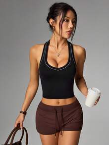 SHEIN Sports Women's Seamless Casual Athleisure Sexy Fitness Outdoor Sports Running Workout Yoga Tank Top Gym Black Summer - Black and White - View 4