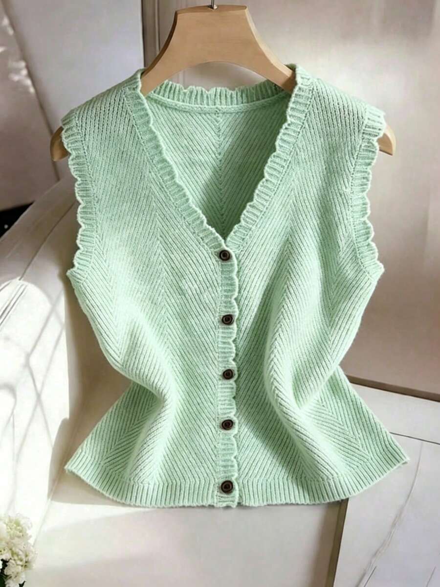 SHEIN Franclia Áo dệt kim cổ chữ V không tay dáng rộng màu mơ, viền ren, thích hợp cho nữ, mùa xuân/hè. - Màu xanh Bạc hà - Xem 1