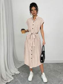 Elenzga 浪漫优雅毕业音乐会穿搭商务休闲老钱风 Anouk Yve Aura 低调风格通勤蓝色条纹衬衫裙短袖口袋蝴蝶结开衩2025春夏度假休闲居家新款长裙 - 杏色 - 查看 8