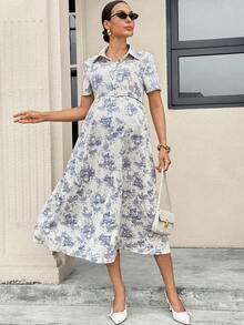MaterniWear Maternity Simple Printed Short Sleeve Dress - Khaki - View 2