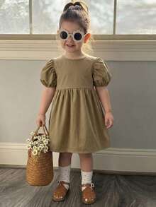 Dazy Kids Vestido Casual Sem Mangas Fofo de Comprimento Médio para Meninas Bebê, Verão - Caqui - Visão 4