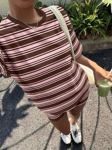 SHEIN Muchic Bộ đồ nữ mùa hè dáng rộng, cổ tròn, vai rớt, tay ngắn, kẻ sọc, kiểu dáng thường ngày, gồm 2 món. - Nhiều màu - Xem 3