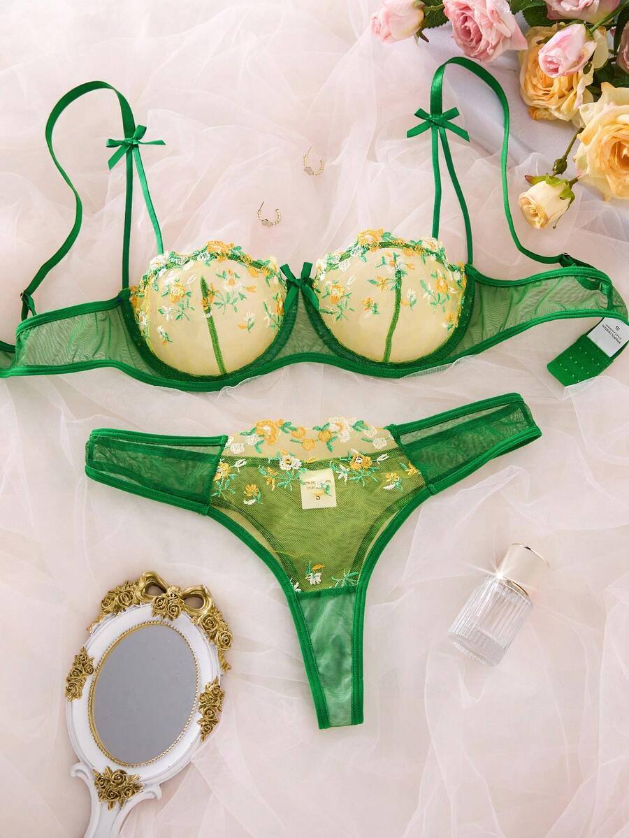 2pcs/Set Pink Romantic Cute Sexy Lingerie Set - Olive Green - View 1