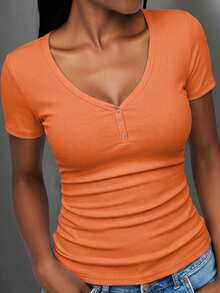 Slaydiva Camiseta de manga corta minimalista de unicolor talla grande - Naranja - Ver 5