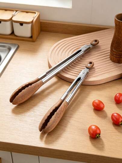 Zazumi Cirelle Wooden Kitchen Cooking Tongs,Kitchen Tongs For Cooking With Wooden Tips Stainless Steel Non -Slop Walnut Salad Tongs ,Bbq Tongs
