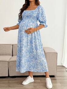 SHEIN 夏季孕妇休闲碎花方领连衣裙 - 藍白色 - 查看 6