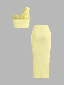 Sweetra Conjunto de 2 piezas de top con tirantes anudados y falda mini con pliegues en unicolor para mujer - Amarillo claro - Ver 2