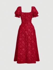 Vestido de longitud media con mangas de pétalo, cintura con lazo y unicolor para mujer - Rojo - Ver 6