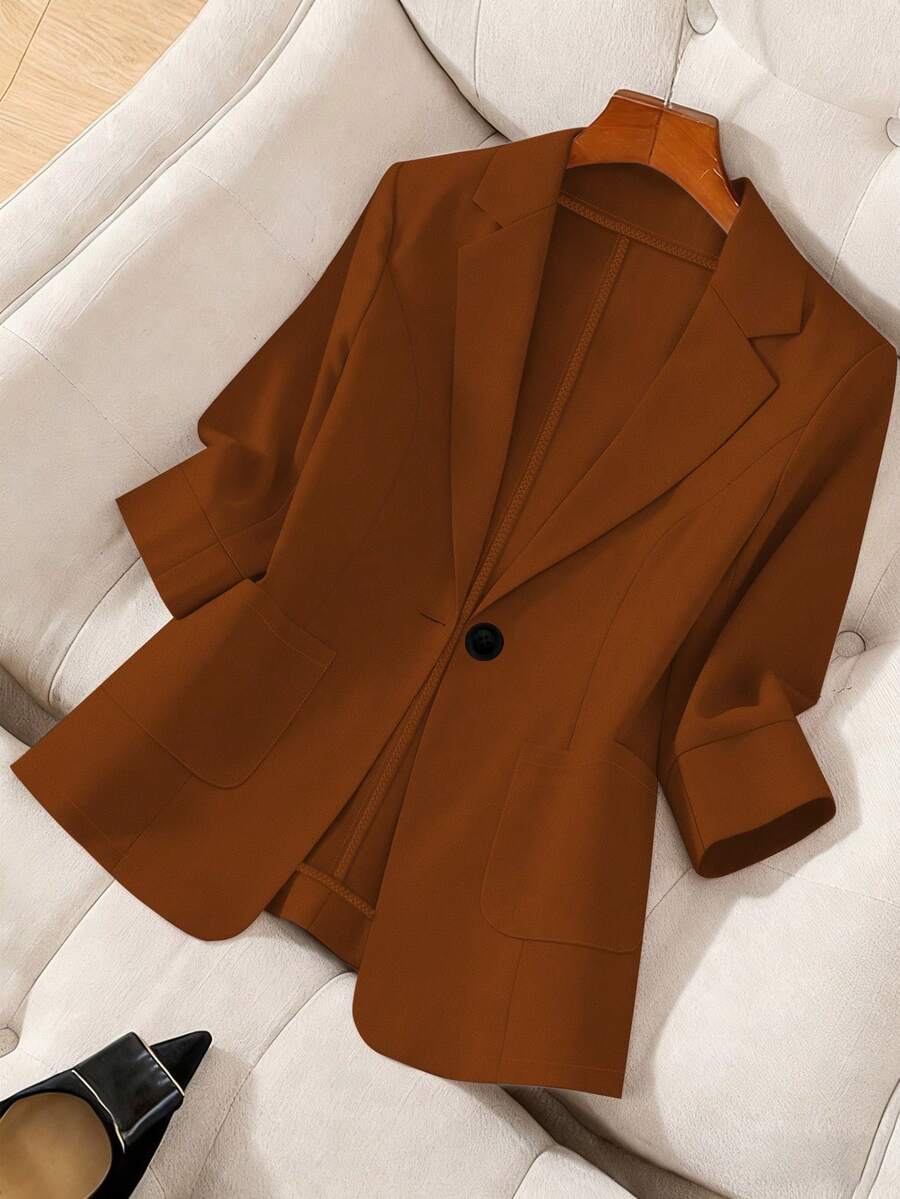 SHEIN Clasi Áo blazer cổ ve lật tối giản màu trơn dành cho nữ cỡ lớn, thích hợp mặc hàng ngày đi làm công sở vào mùa xuân/thu. - Gỗ đỏ - Xem 1