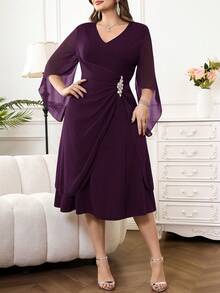 Reflora Vestido de mujer talla grande de unicolor y cuello en V elegante - Morado - Ver 7