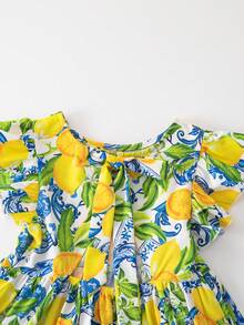 SHEIN 少女编织碎花圆领荷叶边露背休闲连衣裙 - 黃色 - 查看 6