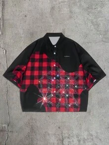AXEPEAK Men's Summer Casual Plaid Patchwork Spider Web Rhinestone Embellished Shirt - Black - View 6