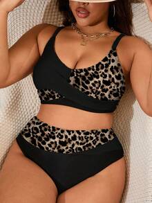 Swim Lushoire Bộ đồ bơi 2 mảnh cỡ lớn mới năm 2026, màu trơn và thiết kế phối họa tiết da báo, dây đeo vai có thể điều chỉnh, quần cạp cao, đồ bơi gợi cảm và thanh lịch cho kỳ nghỉ biển. - màu đen - Xem 1