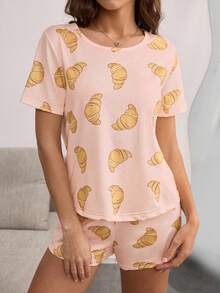SHEIN Set Piyama Anak Perempuan Lucu Lengan Pendek dan Celana Pendek Motif Croissant Kartun - Coral Pink - View 3