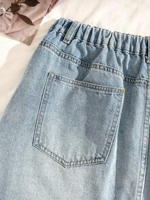 Comfortcana Plus Size Women's Light Blue Distressed Cherry Embroidery Denim Mini Skirt,Cute Summer Vacation Beach Holiday Festival Country Concert - Medium Wash - View 10