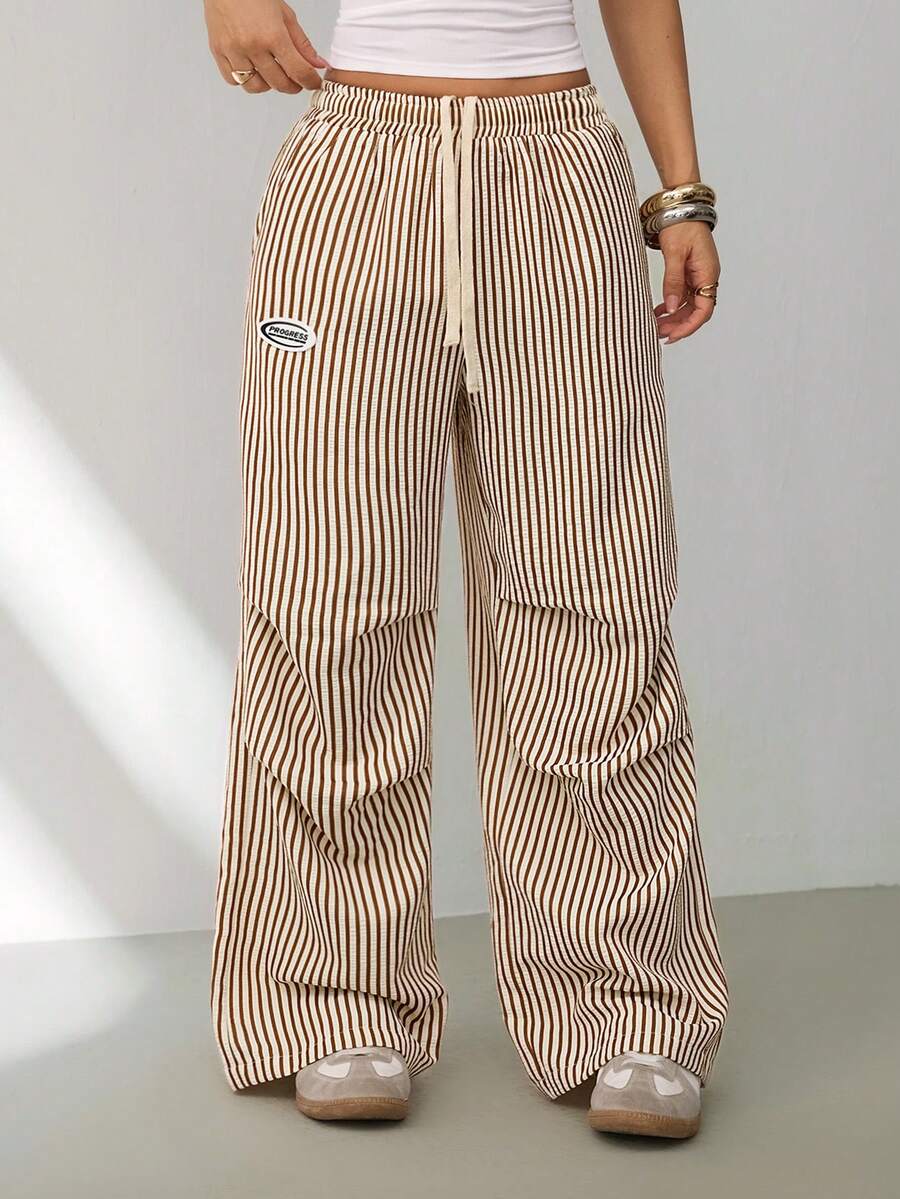 SHEIN PETITE Quần nỉ ống rộng kẻ sọc cơ bản mùa hè dành cho nữ - Màu Khaki - Xem 1