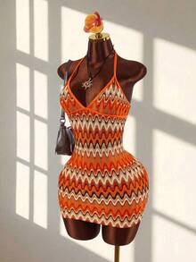 Women's Minimalist Print Halter Tie Neck Mini Dress - Orange - View 3