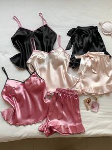 Comfortcana 3pcs Contrast Color Ruffle Trim Faux Silk Pajama Set - Multicolor - View 1