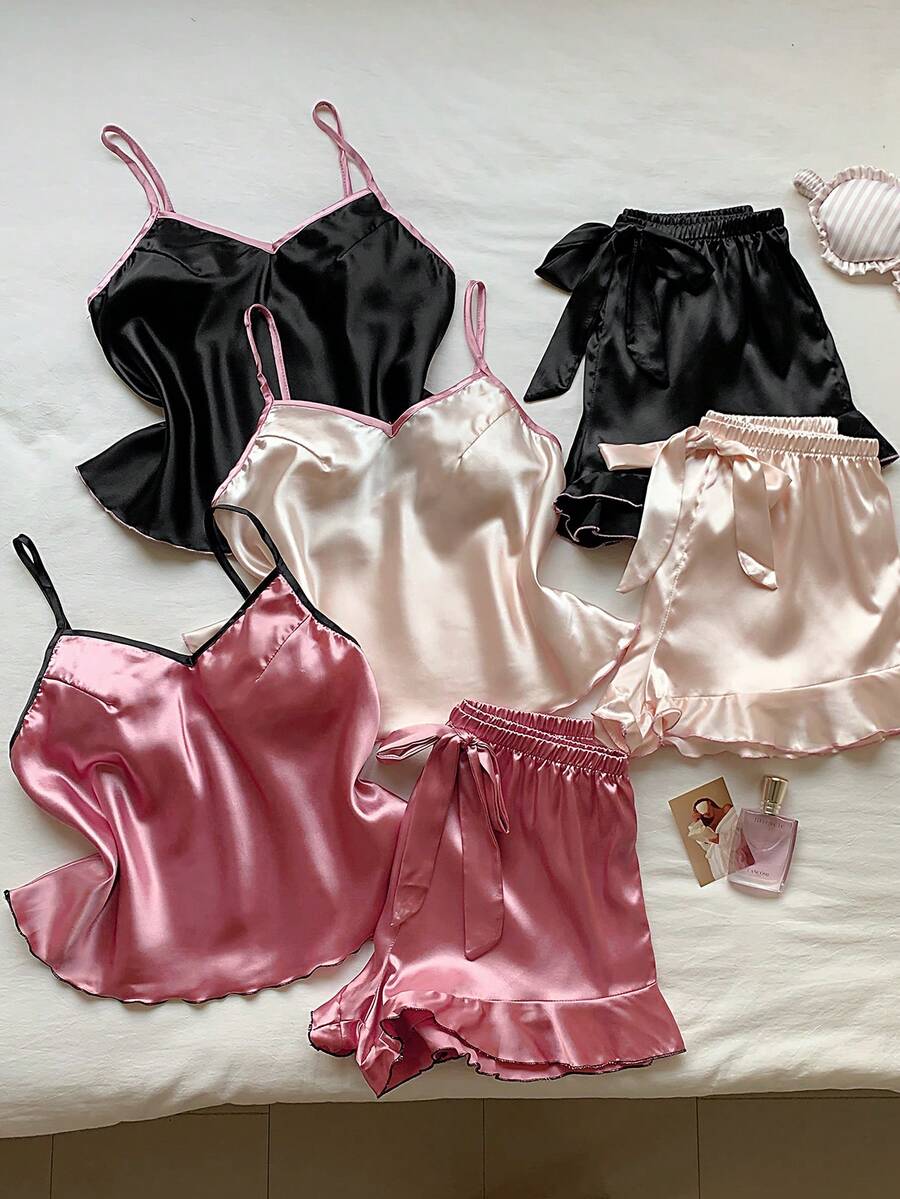 Comfortcana 3pcs Contrast Color Ruffle Trim Faux Silk Pajama Set - Multicolor - View 1