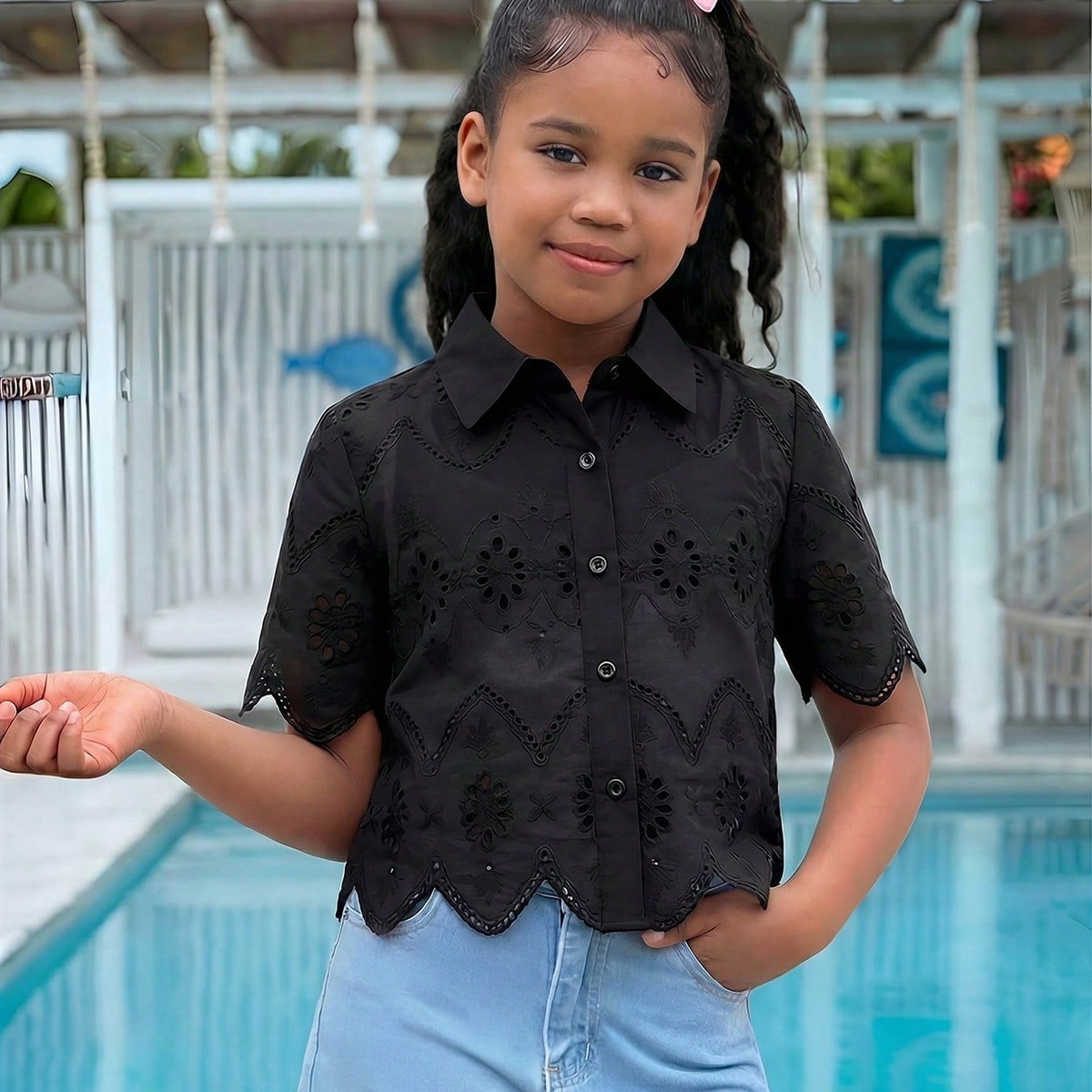 Blusa de manga corta bordada casual de vacaciones para niñas preadolescentes, adecuada para el Día de la Madre, la graduación, el verano, uso diari