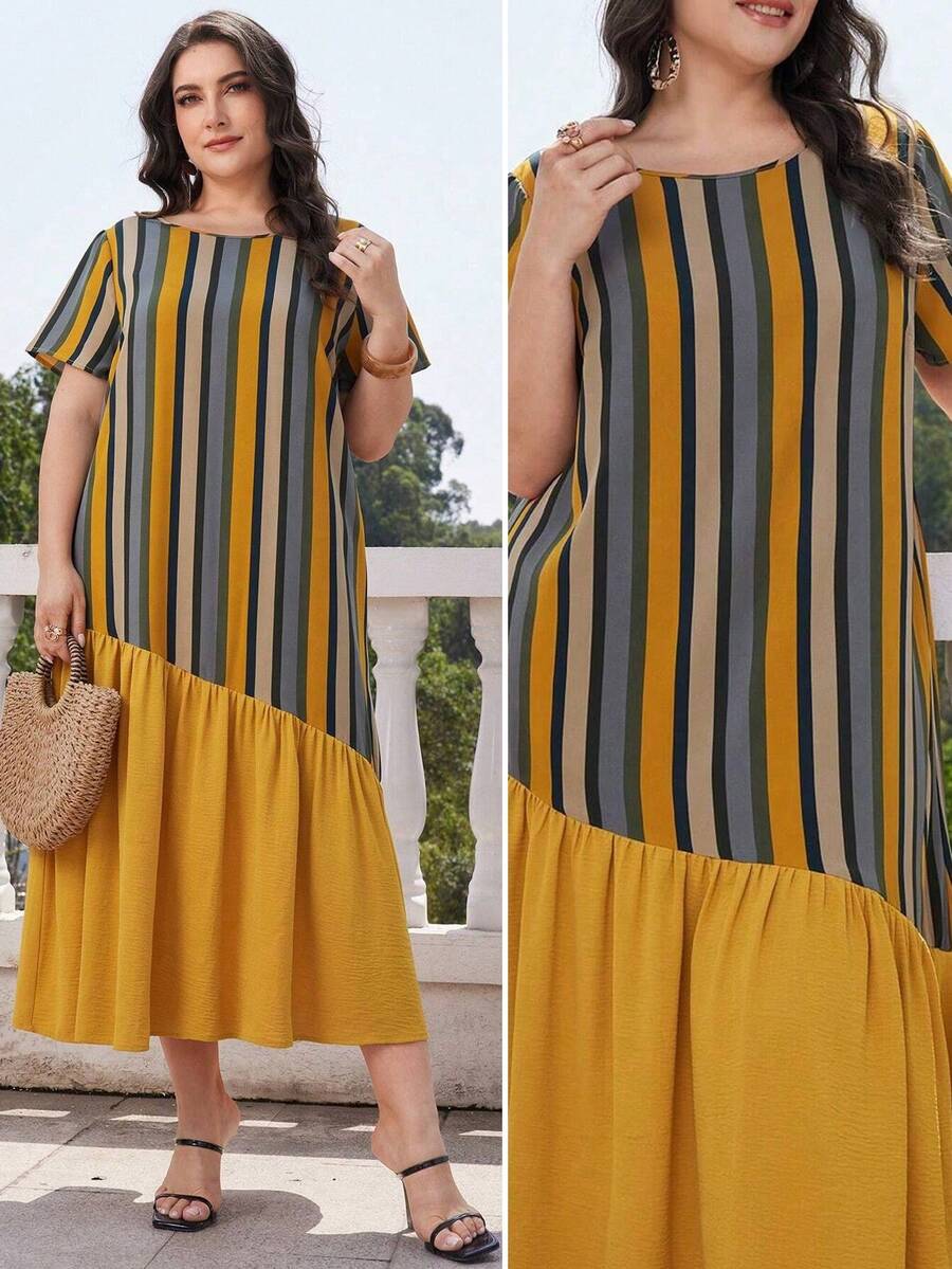 Mulvari Vestido de verano de cuello redondo para mujeres de talla grande - Mostaza Amarilla - Ver 1