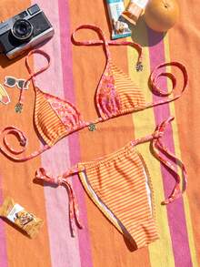 Swim Mod Bộ đồ bơi đi biển 2 món dành cho nữ, kiểu dáng thời trang, dễ thương, gợi cảm, họa tiết hoa và sọc, gồm áo bikini tam giác và quần bikini buộc dây bên hông, thích hợp cho kỳ nghỉ ở bãi biển/hồ bơi. - Nhiều màu - Xem 3