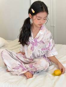 DAZY Bộ đồ ngủ ngắn tay cổ chữ V cài cúc in họa tiết, nhẹ nhàng, thích hợp cho bé gái tuổi teen, mùa thu. - Nhiều màu - Xem 3