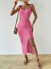 SHEIN Holidaya Women's Vacation Solid Color Side Slit Hem Camisole Knit Dress - Hot Pink - View 7