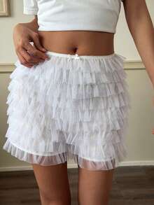 DAZY White Mesh Layered Puff Shorts For Women Summer Date Night Party Cute Fairy - White - View 5