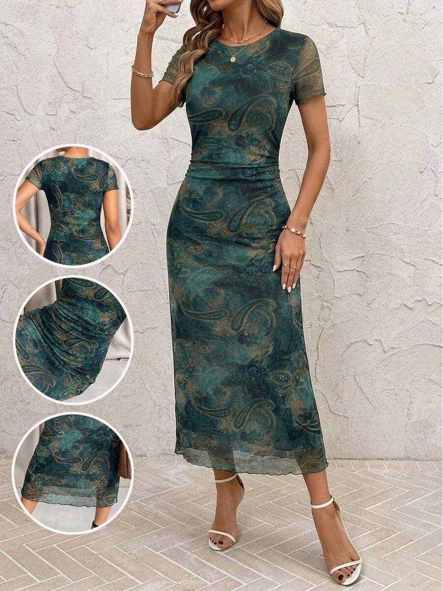 SHEIN Clasi 女士时尚印花针织修身短袖连衣裙，波西米亚风格，适合春夏穿着 - 彩色 - 查看 1