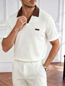 Core Aspect Men's Contrast Color Textured Polo Shirt,Waffle Knit Short Sleeve V Neck Top,White And Brown,Summer,Casual,Dates,Breathable Golf Shirt For Men - Apricot - View 2