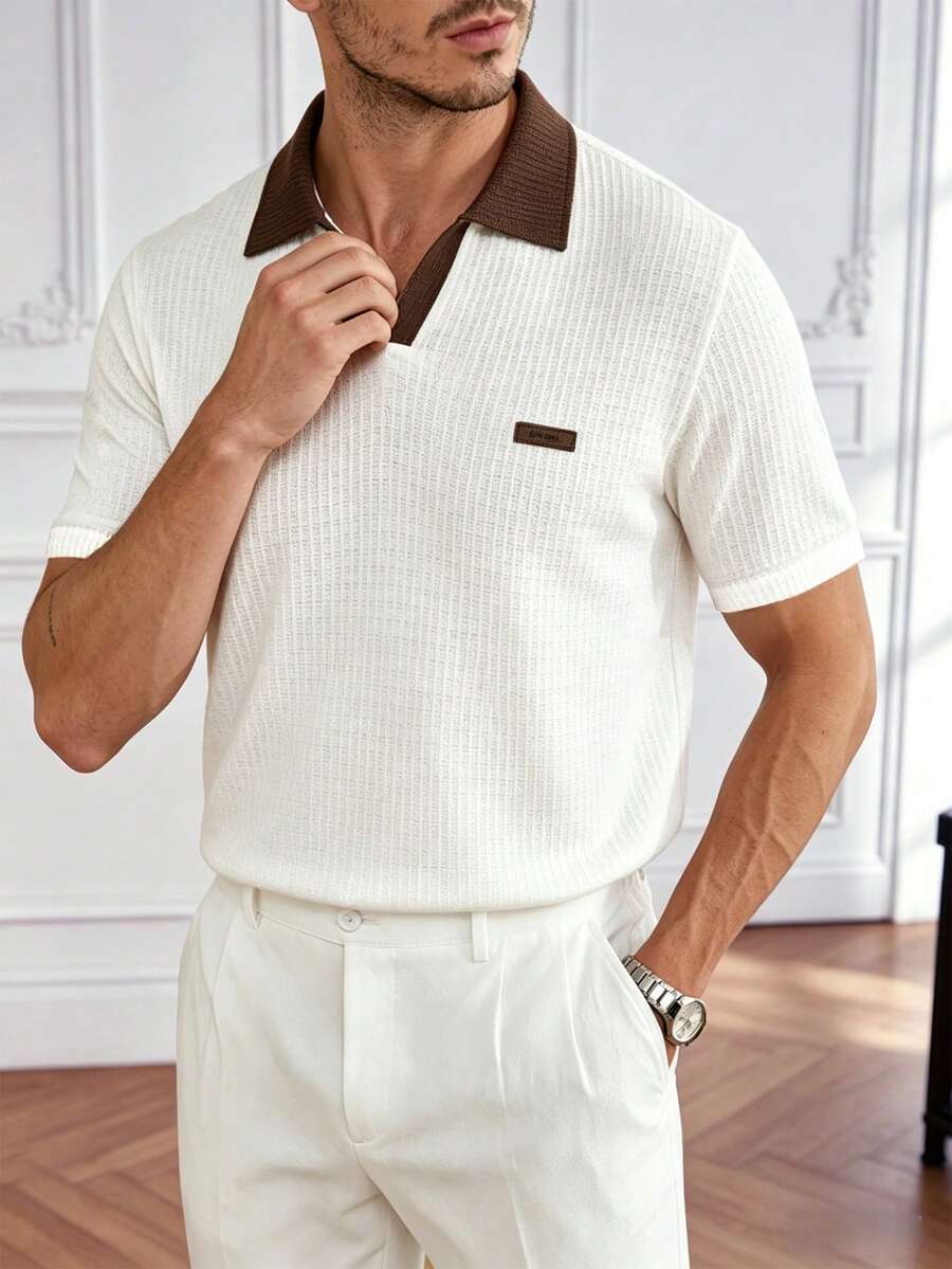 Core Aspect Men's Contrast Color Textured Polo Shirt,Waffle Knit Short Sleeve V Neck Top,White And Brown,Summer,Casual,Dates,Breathable Golf Shirt For Men