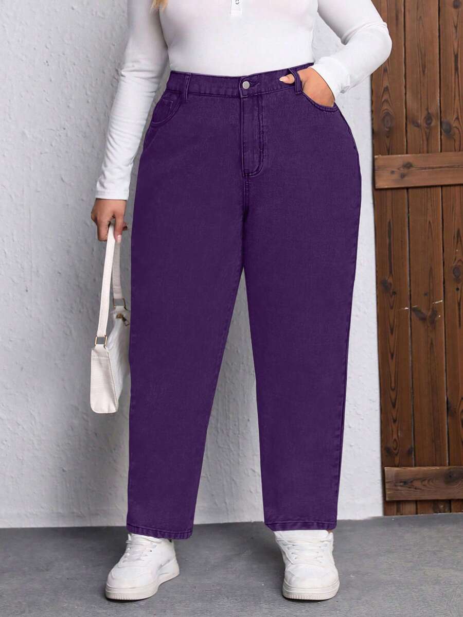 EMERY ROSE Plus Size Women Casual Straight Leg Jeans With Pockets - Purple - View 1