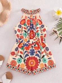 SHEIN 女婴碎花无袖休闲连体衣 - 彩色 - 查看 1