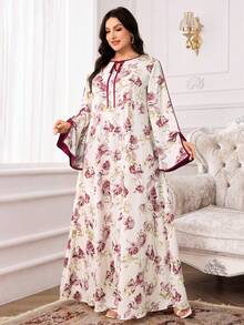 Yasmyna Plus Size Women's Floral Print Tie Neck Long Sleeve Loose Fit Dress Women Casual Dress - Multicolor - View 8